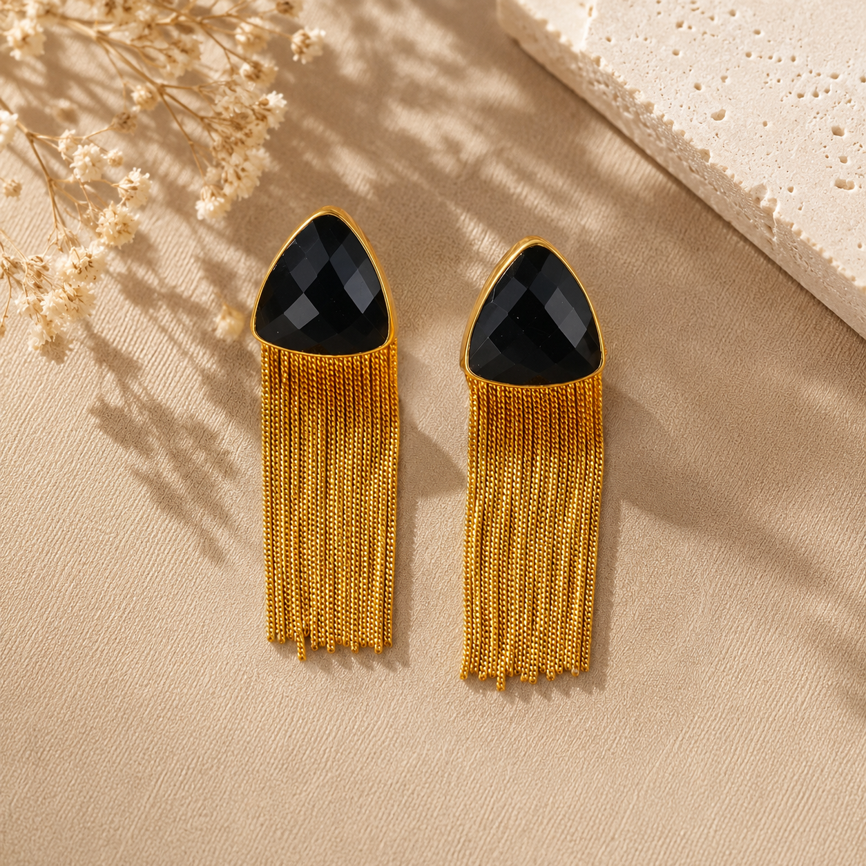 The Onyx Trillion Fringe Drops – Gold Plated Art Deco Tassel Earrings