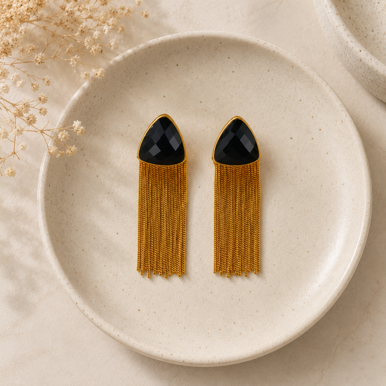 The Onyx Trillion Fringe Drops – Gold Plated Art Deco Tassel Earrings