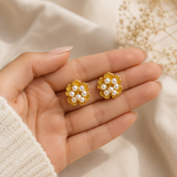 The Blossom Pearl Studs – Gold Plated Botanical Seed Pearl Earrings