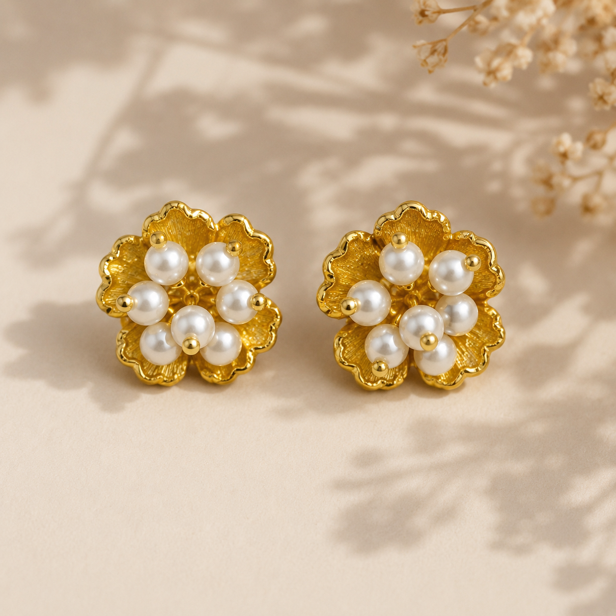The Blossom Pearl Studs – Gold Plated Botanical Seed Pearl Earrings