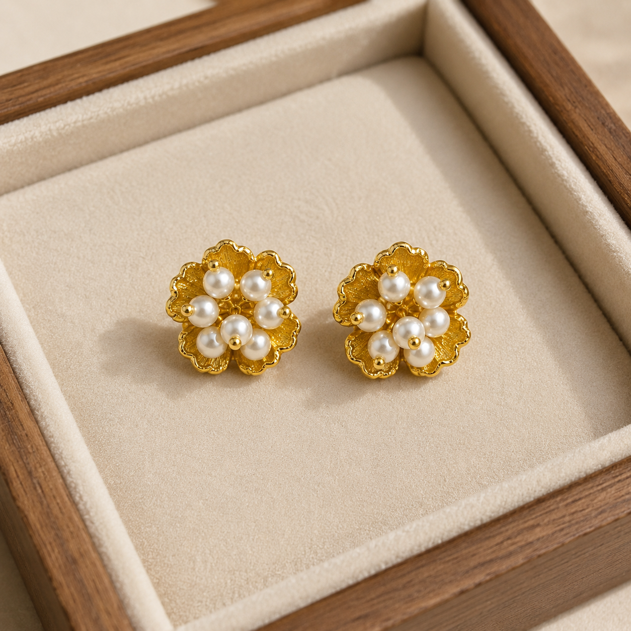 The Blossom Pearl Studs – Gold Plated Botanical Seed Pearl Earrings
