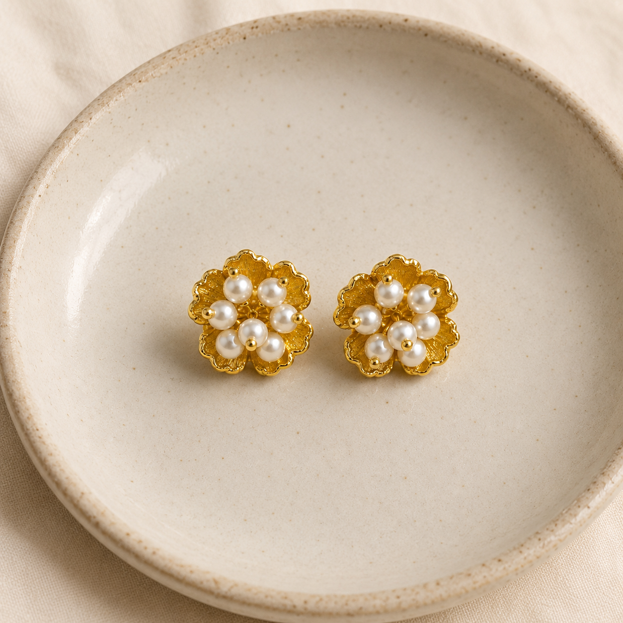 The Blossom Pearl Studs – Gold Plated Botanical Seed Pearl Earrings