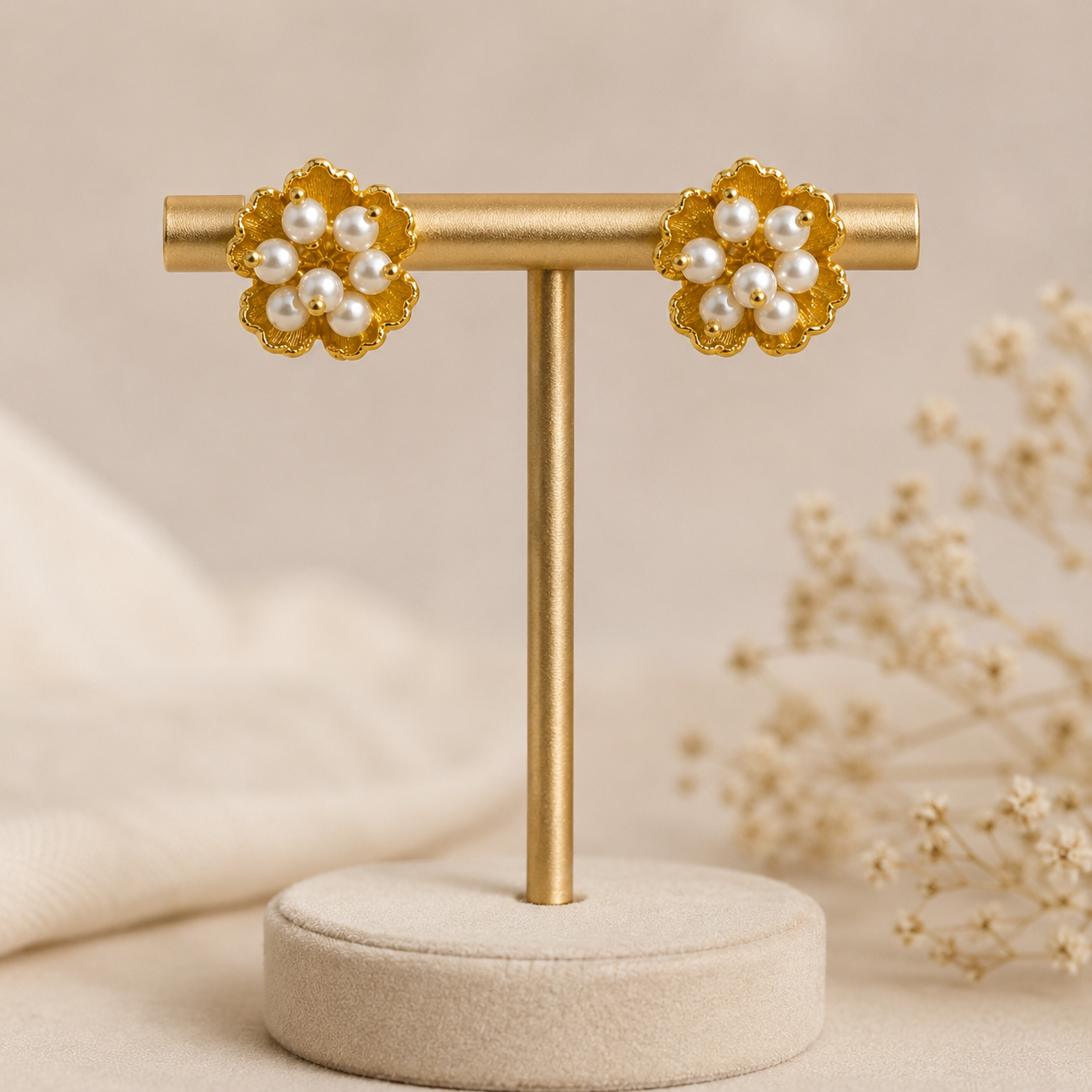 The Blossom Pearl Studs – Gold Plated Botanical Seed Pearl Earrings