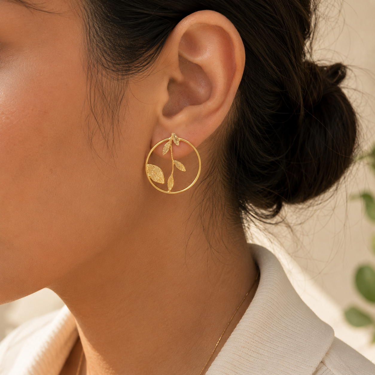 Olive Branch Halo Studs – Gold Plated Circular Botanical Statement Earrings
