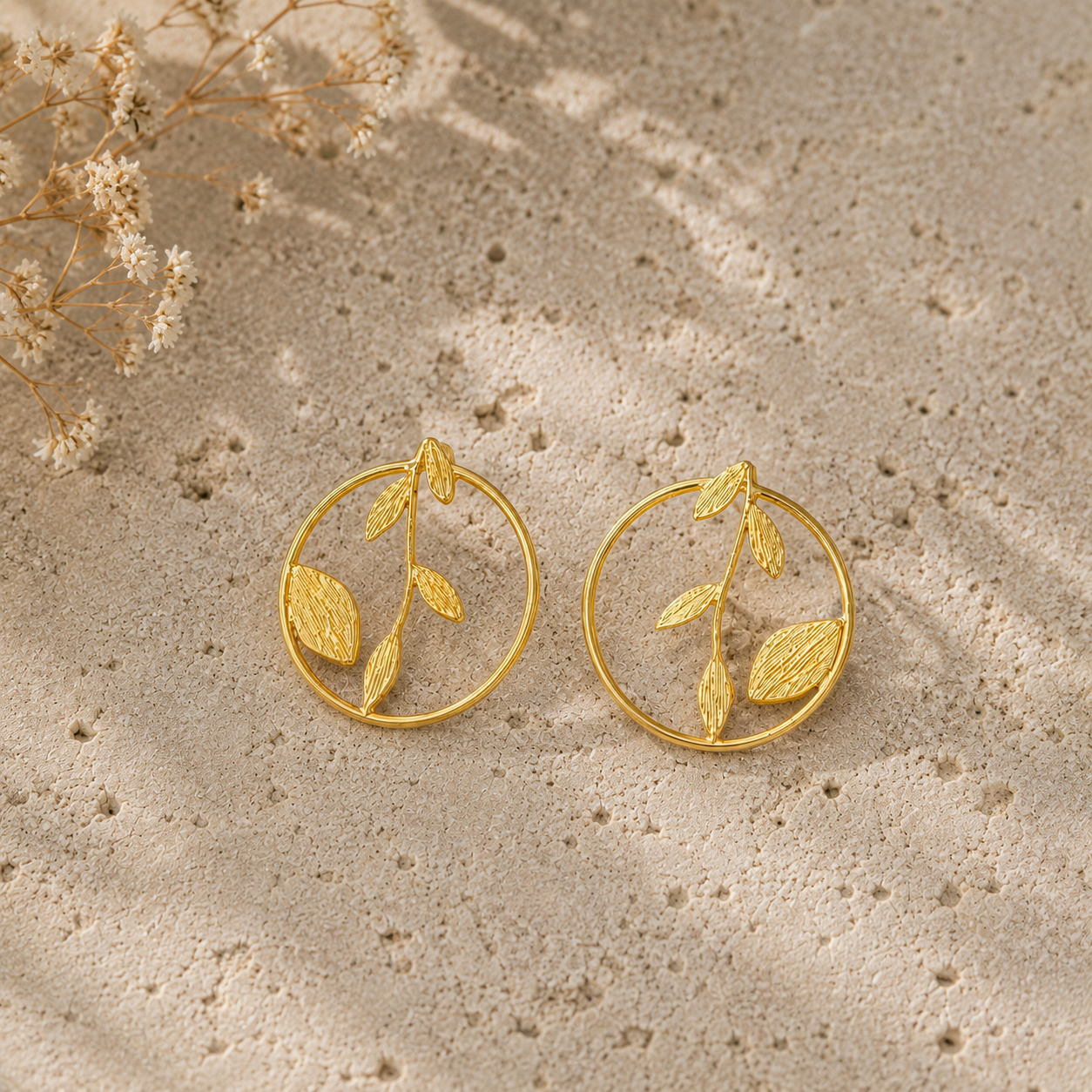Olive Branch Halo Studs – Gold Plated Circular Botanical Statement Earrings