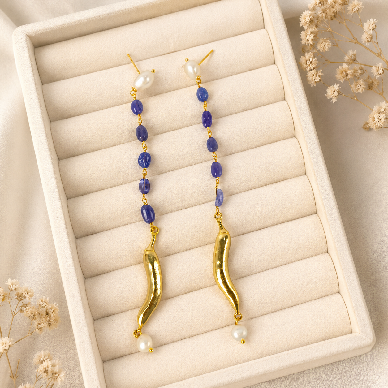 Baroque Pearl & Tanzanite Chili Drops – Gold Plated Linear Statement Earrings