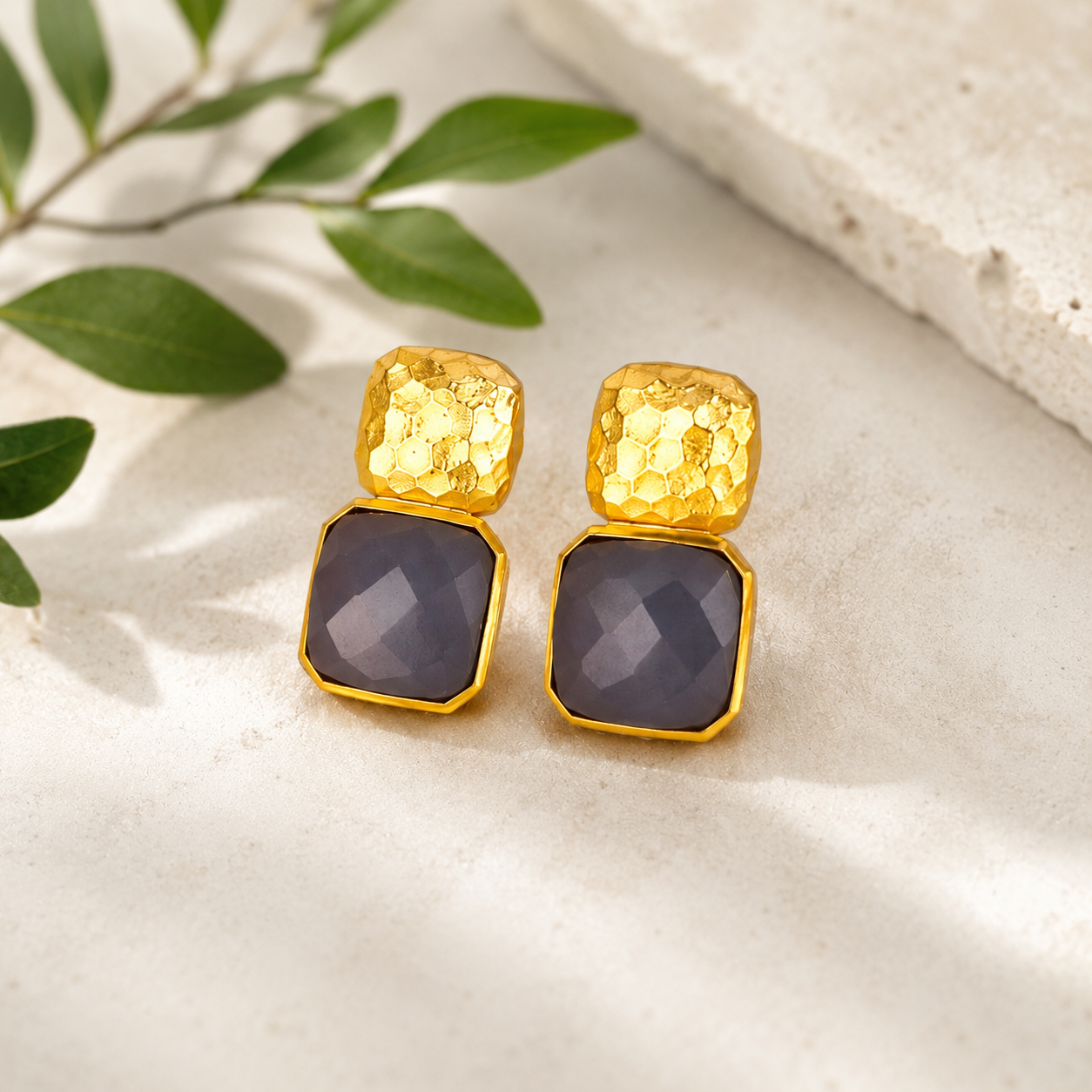 Hammered Mosaic Studs – Textured Gold Brass & Cushion-Cut Gemstone Earrings
