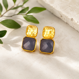 Hammered Mosaic Studs – Textured Gold Brass & Cushion-Cut Gemstone Earrings