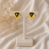 Modern Minimalist Statement Earrings – Textured Gold Plated Labradorite Geometric Studs