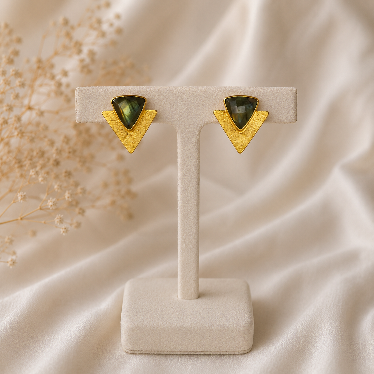 Modern Minimalist Statement Earrings – Textured Gold Plated Labradorite Geometric Studs