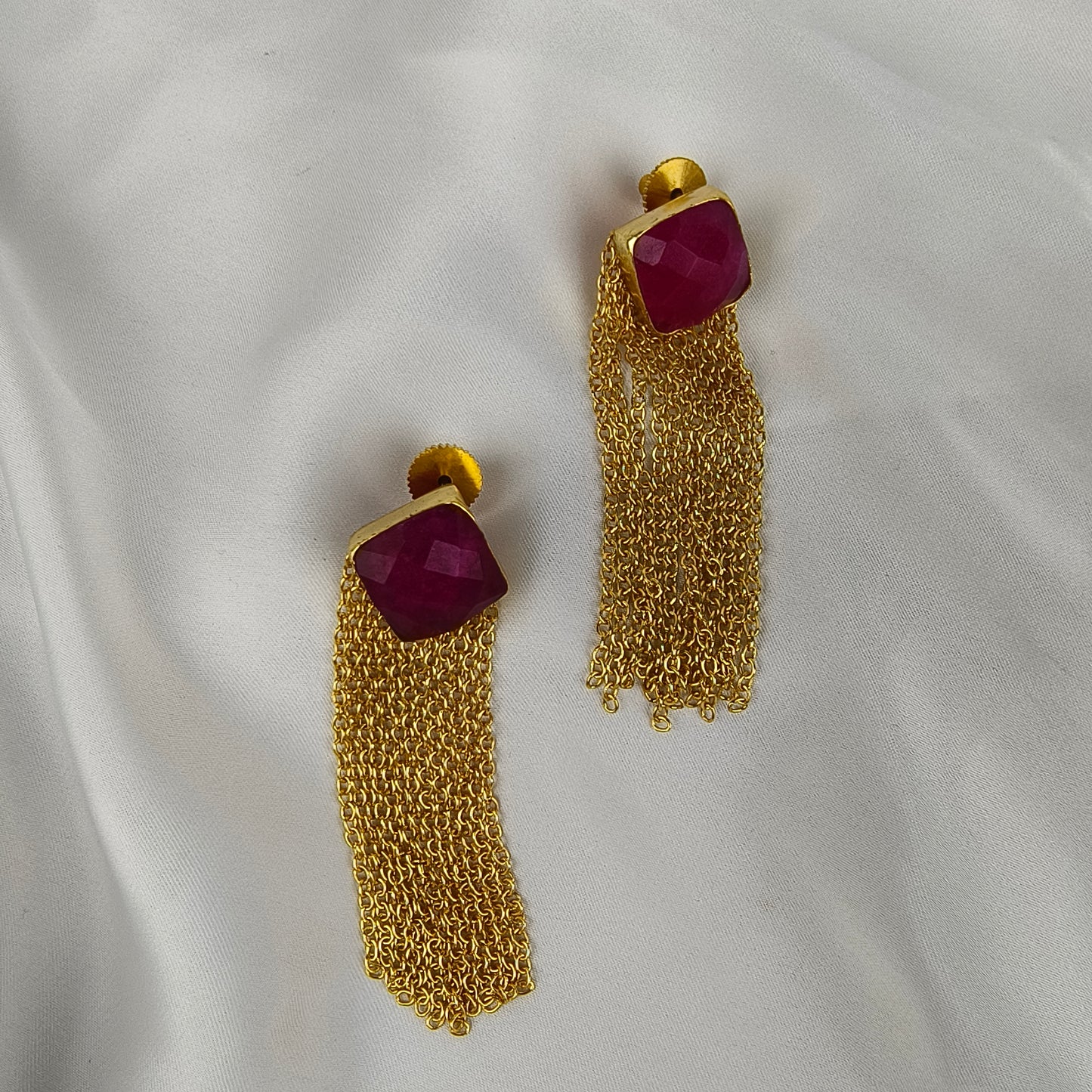 The Ruby Rose Cascade Drops –  Gold Plated Cushion Ruby & Chain Fringe Earrings