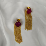 The Ruby Rose Cascade Drops –  Gold Plated Cushion Ruby & Chain Fringe Earrings