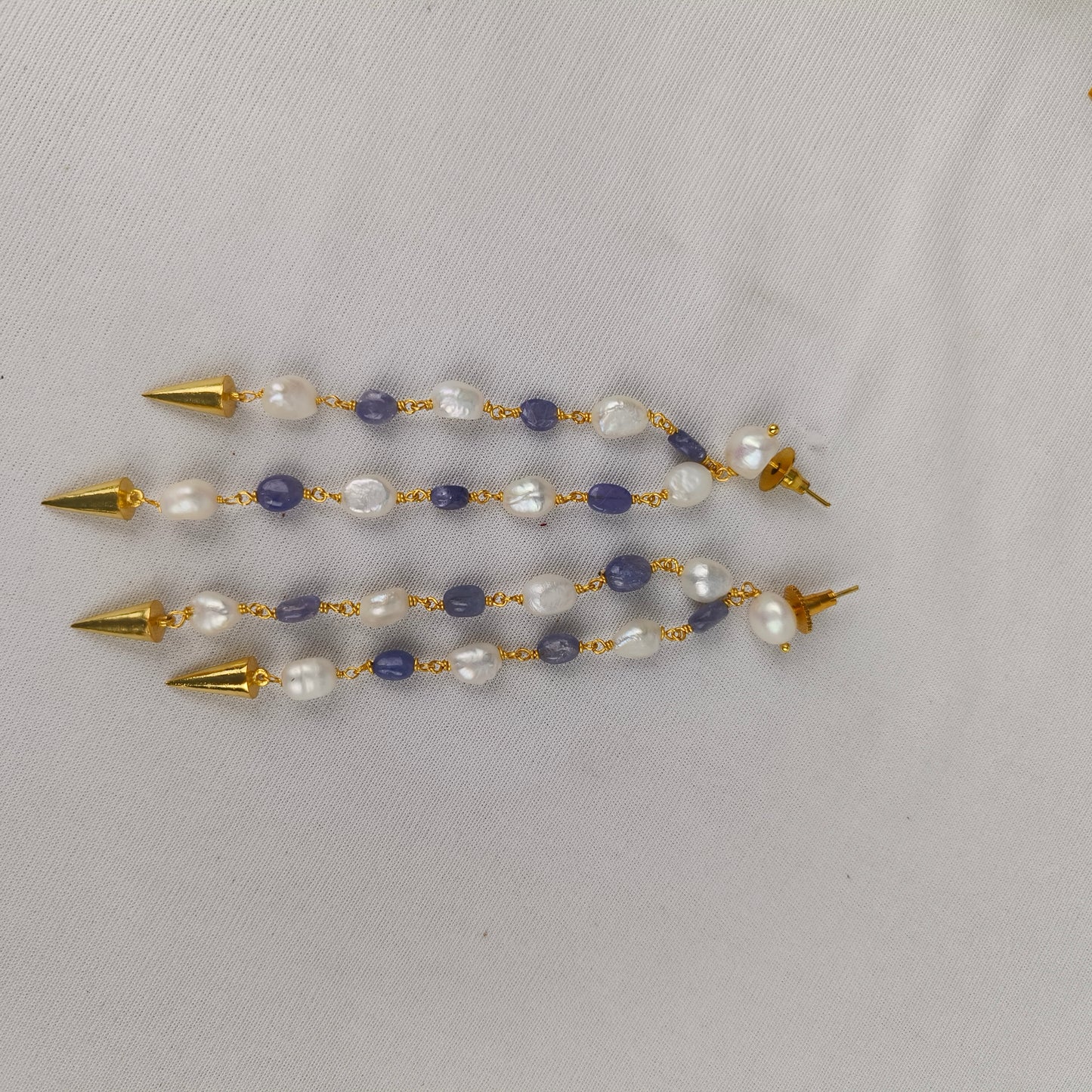Imperial Indigo Pearl Cascade Earrings – Gold Plated Dual-Strand Dangle Earrings