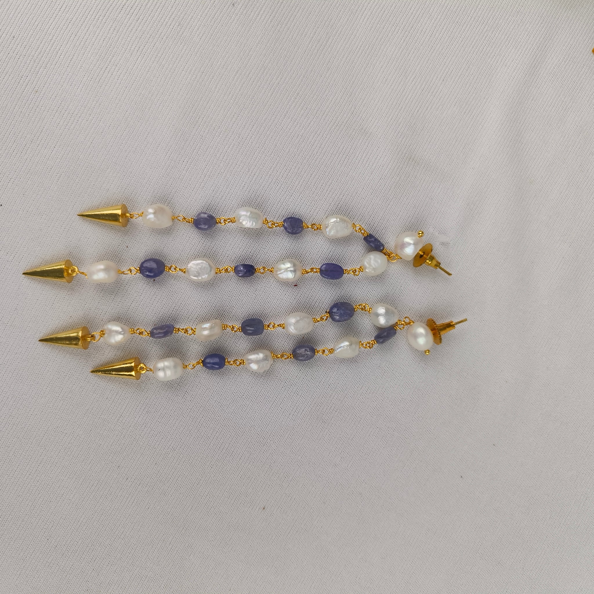 Imperial Indigo Pearl Cascade Earrings – Gold Plated Dual-Strand Dangle Earrings