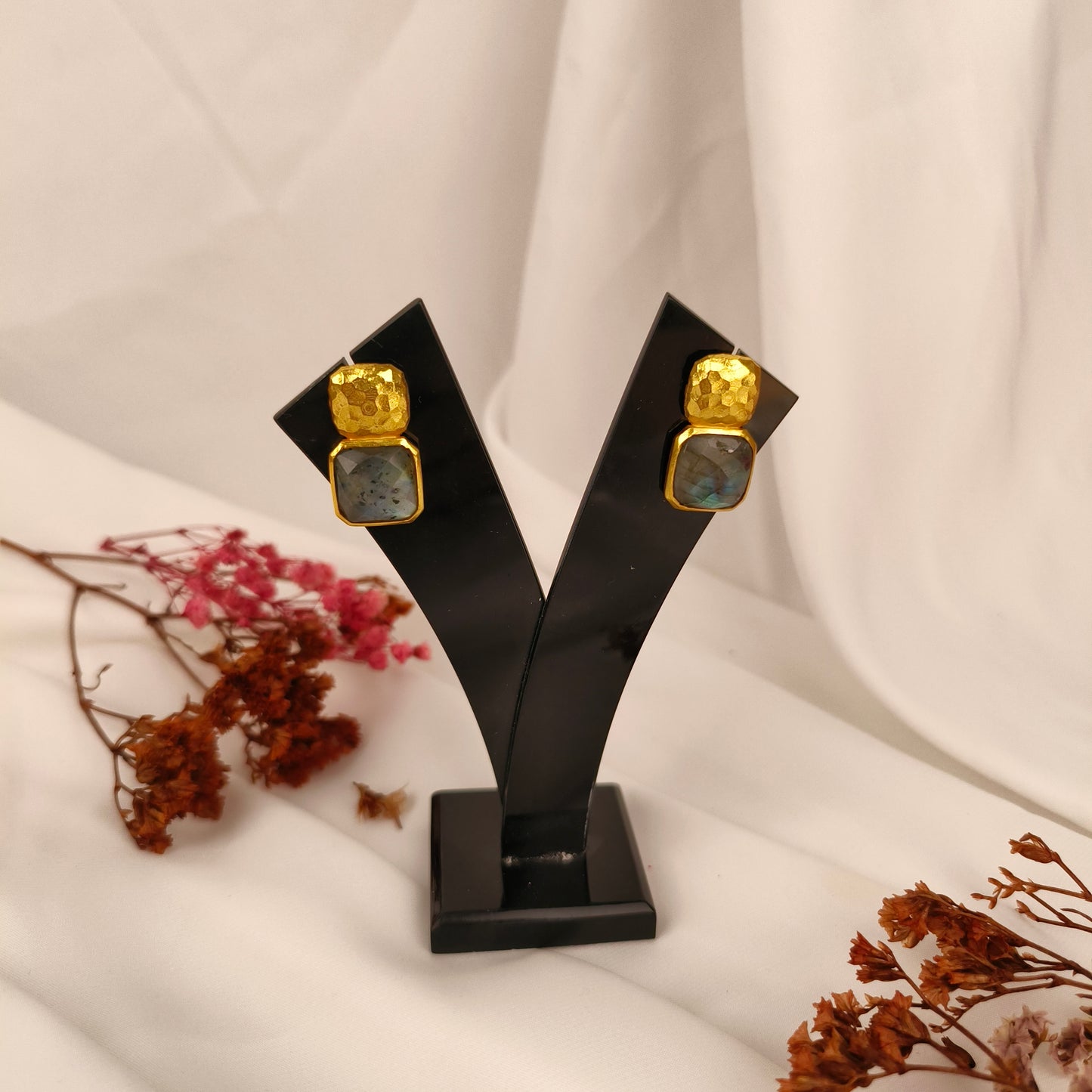 Hammered Mosaic Studs – Textured Gold Brass & Cushion-Cut Gemstone Earrings