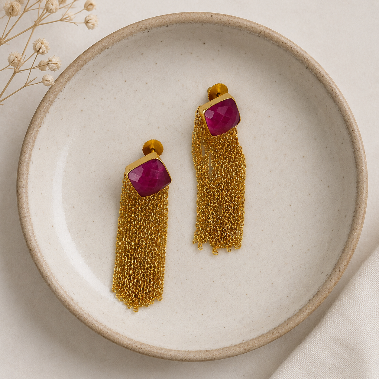 The Ruby Rose Cascade Drops –  Gold Plated Cushion Ruby & Chain Fringe Earrings