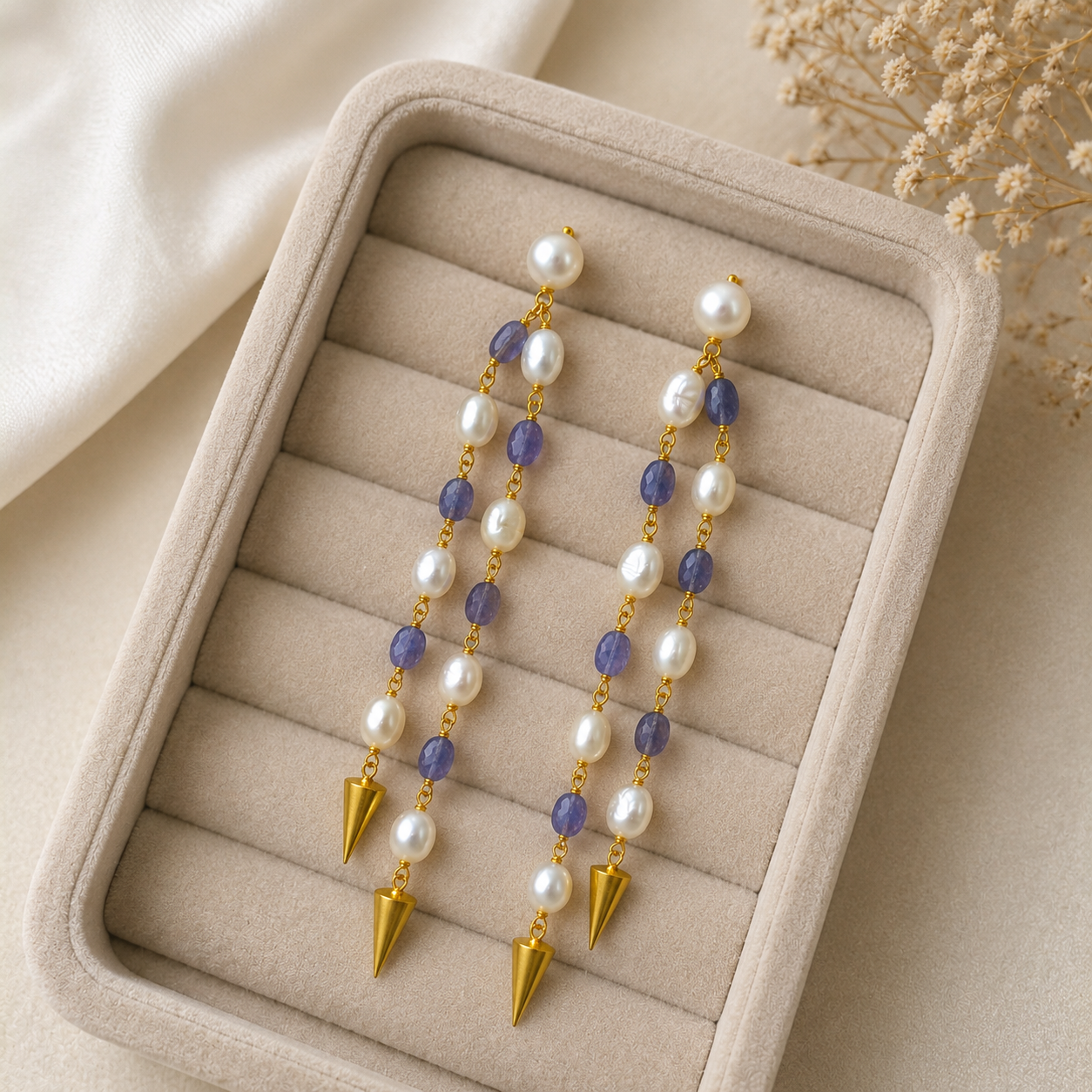 Imperial Indigo Pearl Cascade Earrings – Gold Plated Dual-Strand Dangle Earrings
