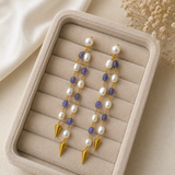 Imperial Indigo Pearl Cascade Earrings – Gold Plated Dual-Strand Dangle Earrings
