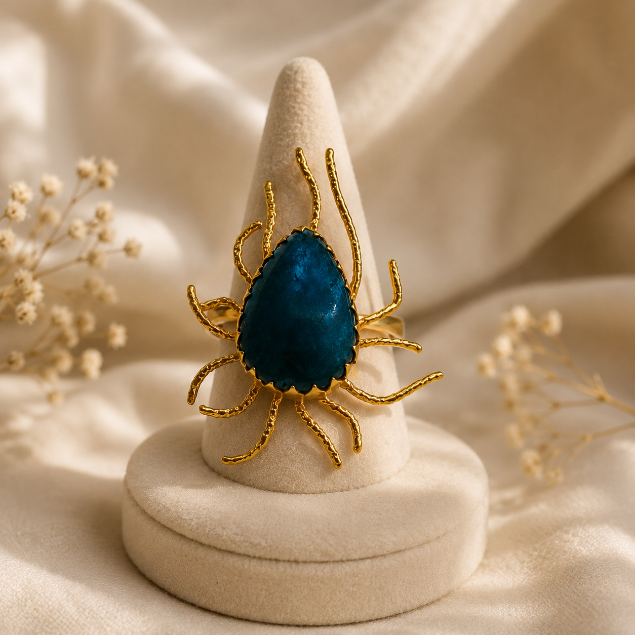 Gilded Solaris Celestial Ring – Textured Gold-Plated Ocean-Blue Statement Ring