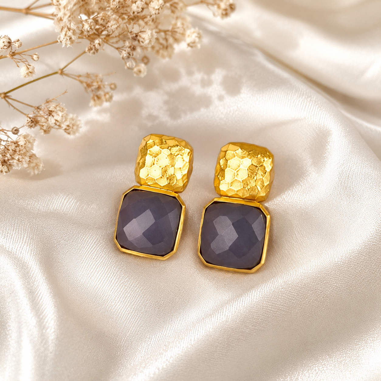 Hammered Mosaic Studs – Textured Gold Brass & Cushion-Cut Gemstone Earrings