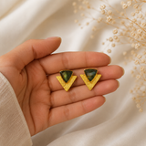 Modern Minimalist Statement Earrings – Textured Gold Plated Labradorite Geometric Studs