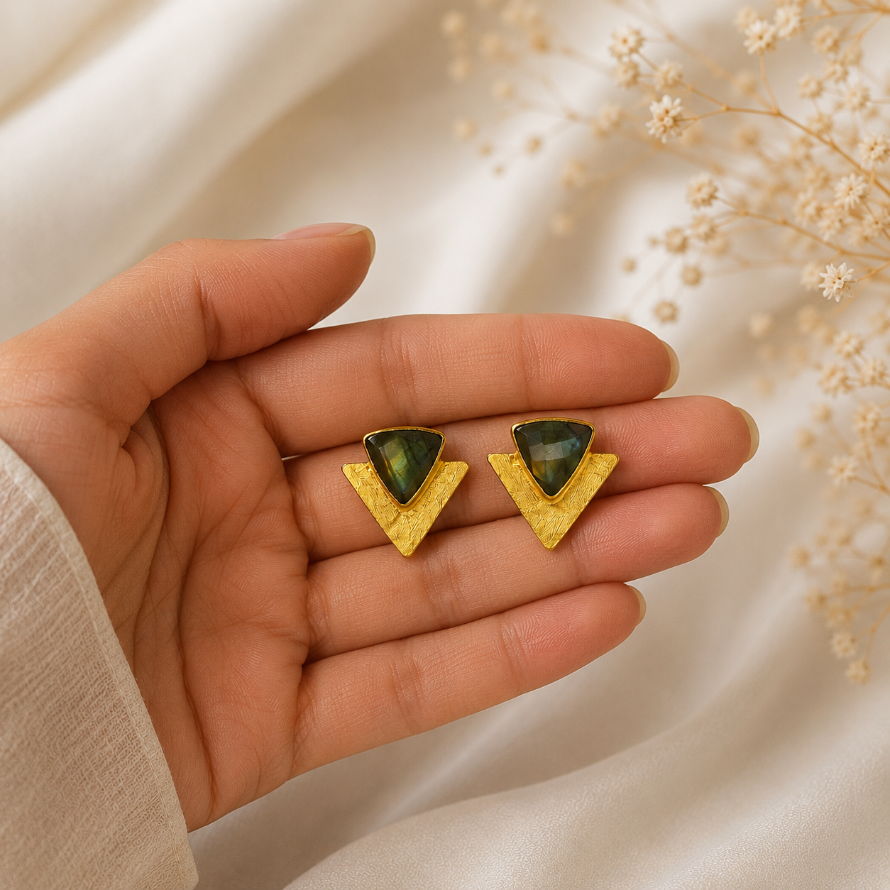 Modern Minimalist Statement Earrings – Textured Gold Plated Labradorite Geometric Studs