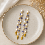 Imperial Indigo Pearl Cascade Earrings – Gold Plated Dual-Strand Dangle Earrings