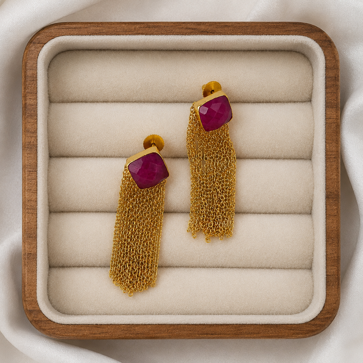 The Ruby Rose Cascade Drops –  Gold Plated Cushion Ruby & Chain Fringe Earrings
