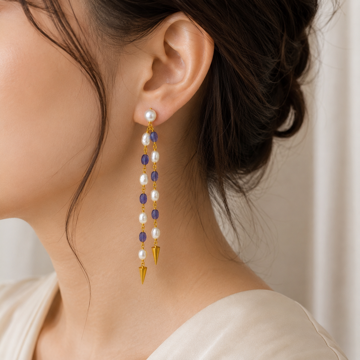 Imperial Indigo Pearl Cascade Earrings – Gold Plated Dual-Strand Dangle Earrings