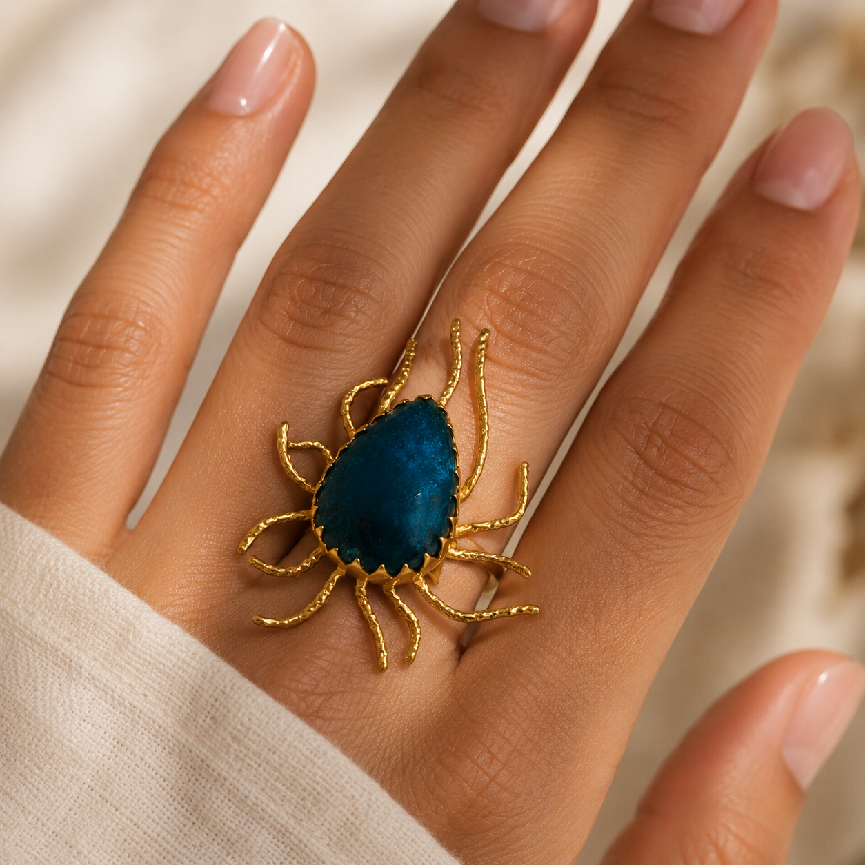 Gilded Solaris Celestial Ring – Textured Gold-Plated Ocean-Blue Statement Ring