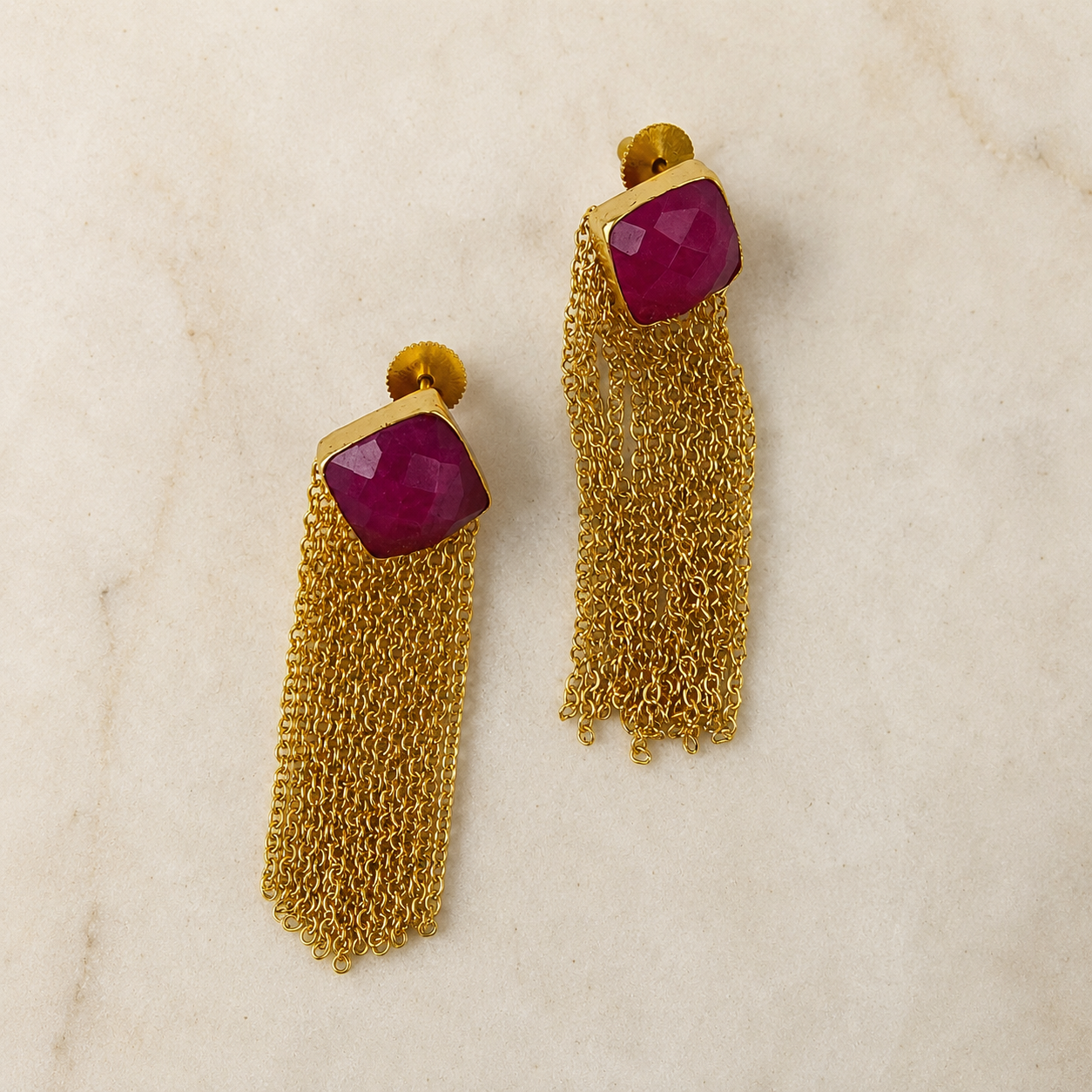 The Ruby Rose Cascade Drops –  Gold Plated Cushion Ruby & Chain Fringe Earrings