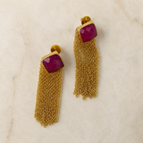 The Ruby Rose Cascade Drops –  Gold Plated Cushion Ruby & Chain Fringe Earrings