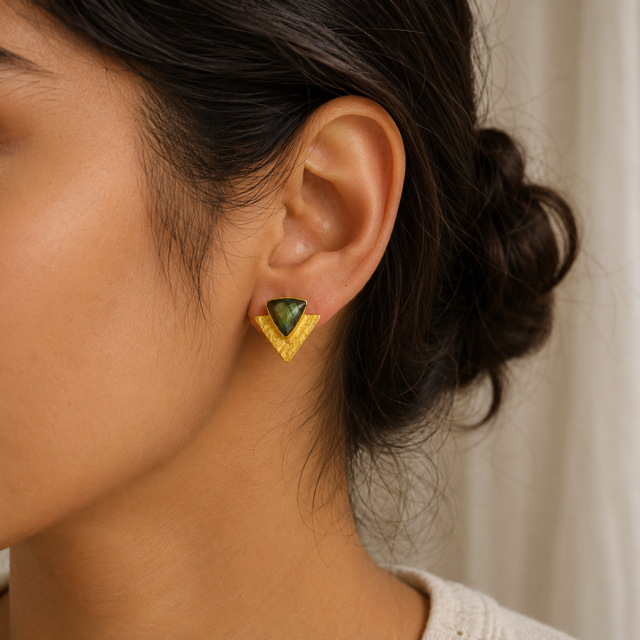 Modern Minimalist Statement Earrings – Textured Gold Plated Labradorite Geometric Studs