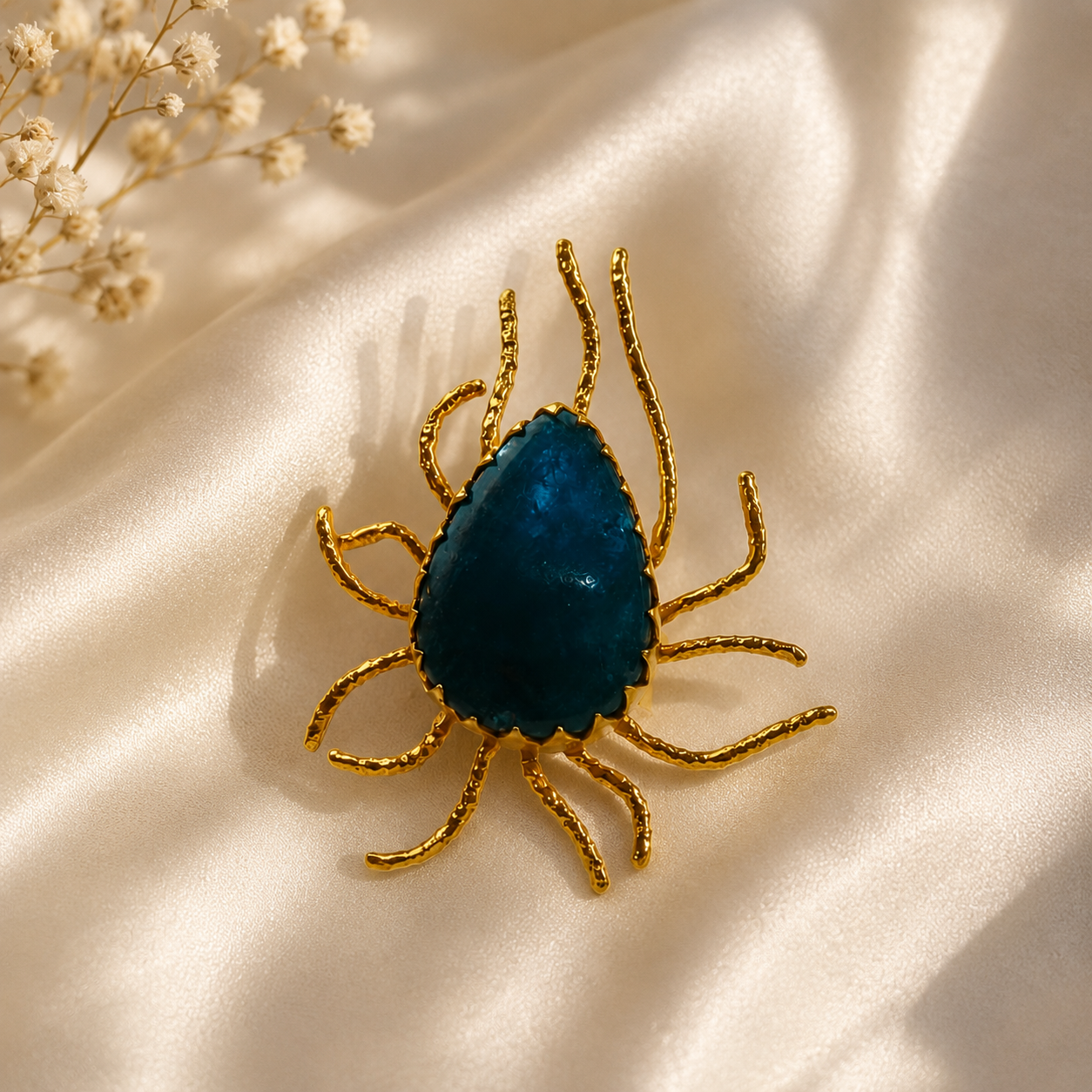 Gilded Solaris Celestial Ring – Textured Gold-Plated Ocean-Blue Statement Ring
