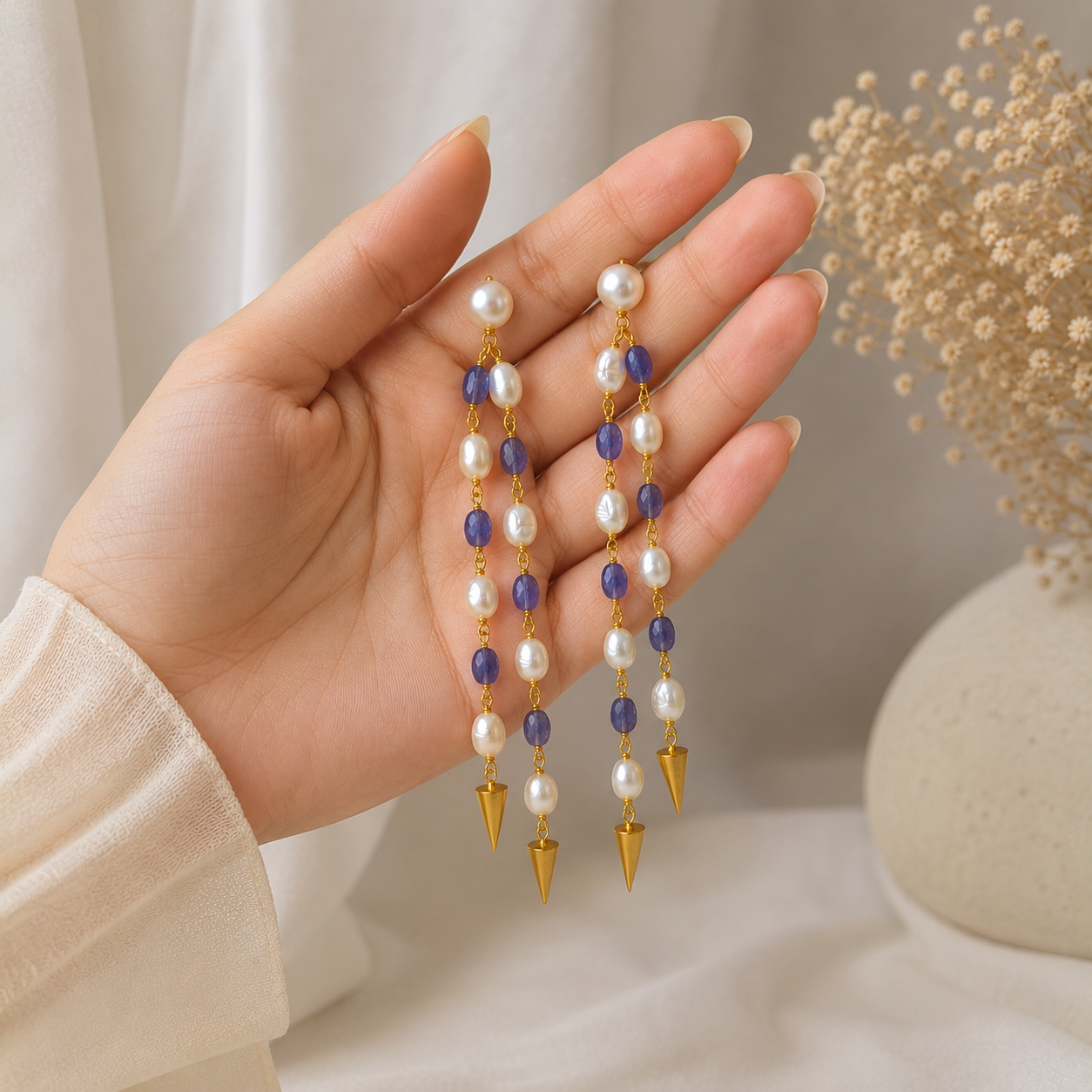 Imperial Indigo Pearl Cascade Earrings – Gold Plated Dual-Strand Dangle Earrings