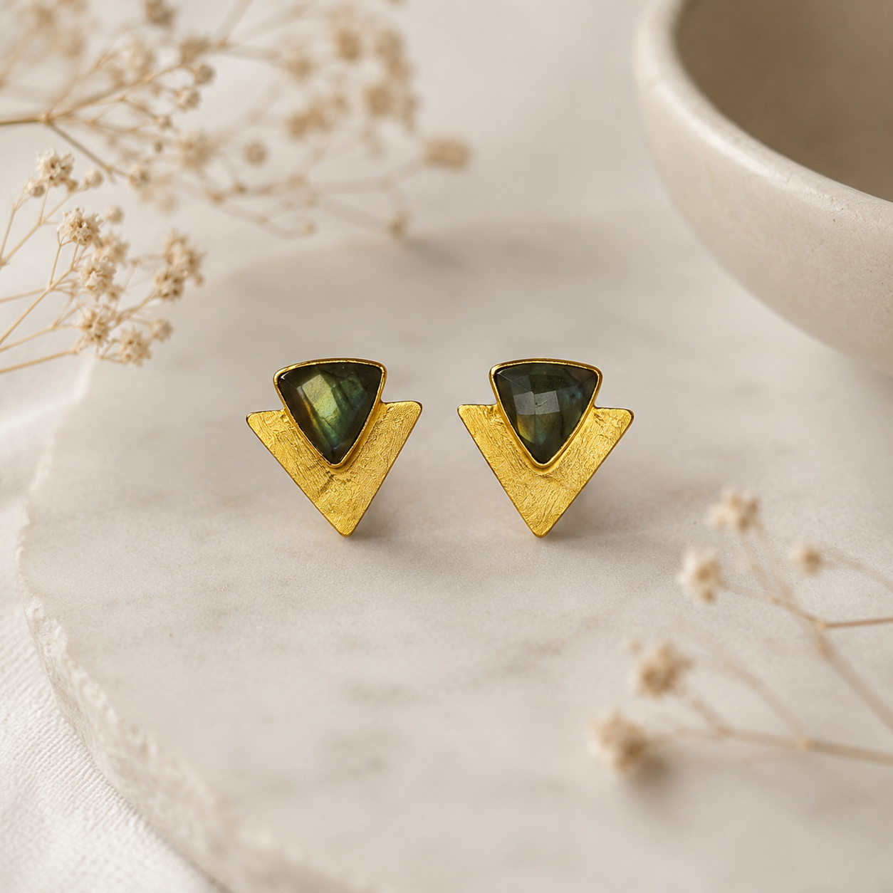 Modern Minimalist Statement Earrings – Textured Gold Plated Labradorite Geometric Studs