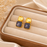 Hammered Mosaic Studs – Textured Gold Brass & Cushion-Cut Gemstone Earrings