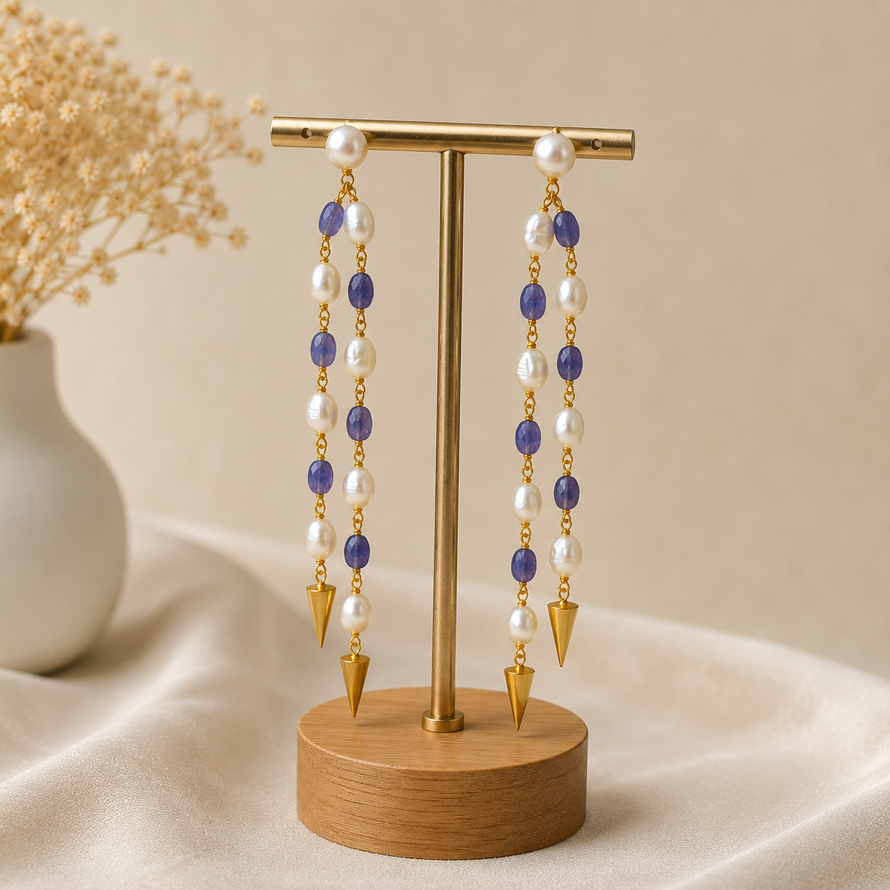 Imperial Indigo Pearl Cascade Earrings – Gold Plated Dual-Strand Dangle Earrings