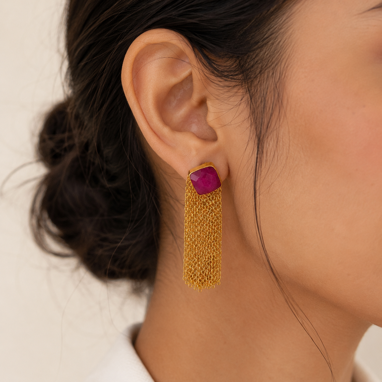 The Ruby Rose Cascade Drops –  Gold Plated Cushion Ruby & Chain Fringe Earrings