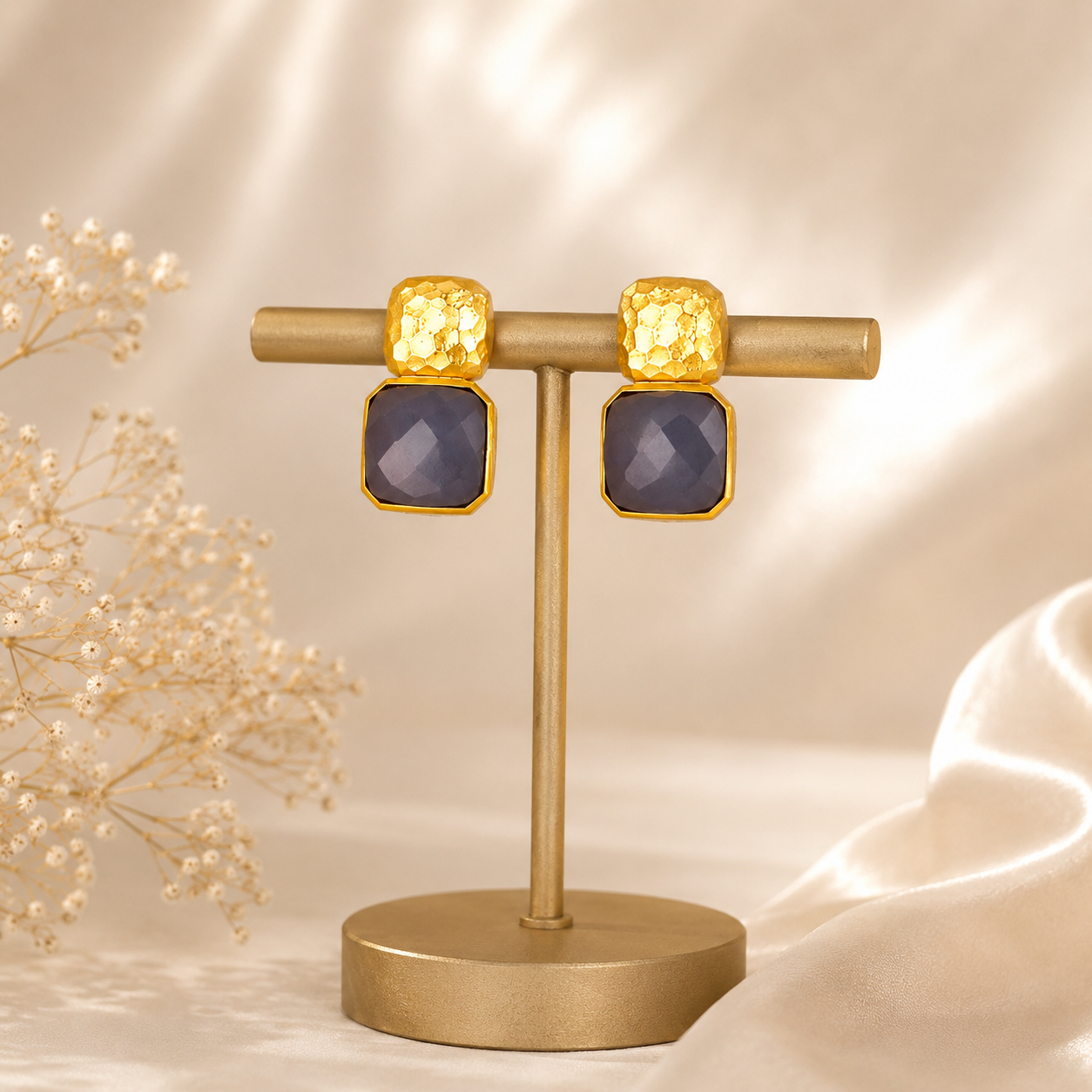 Hammered Mosaic Studs – Textured Gold Brass & Cushion-Cut Gemstone Earrings