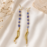 Baroque Pearl & Tanzanite Chili Drops – Gold Plated Linear Statement Earrings