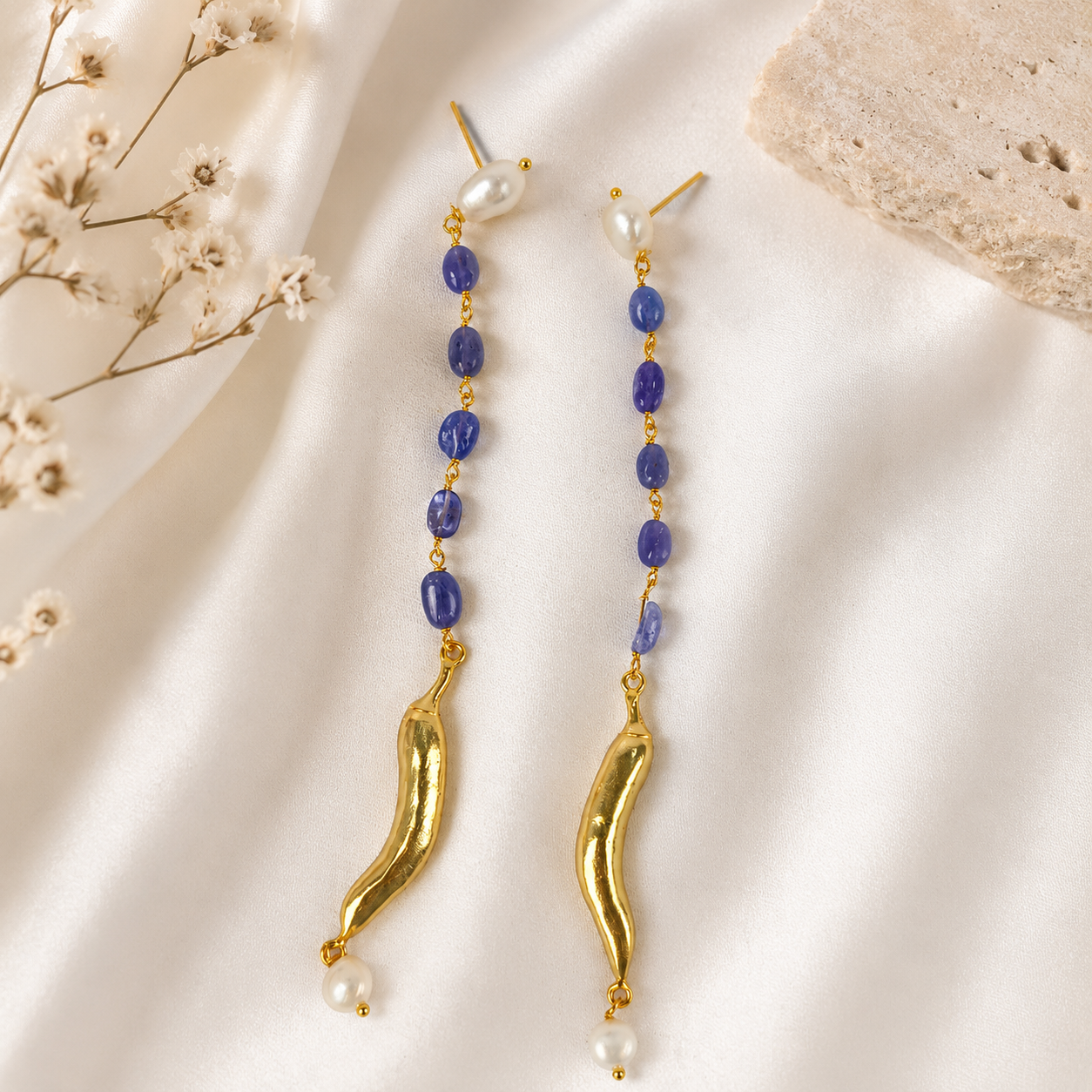 Baroque Pearl & Tanzanite Chili Drops – Gold Plated Linear Statement Earrings