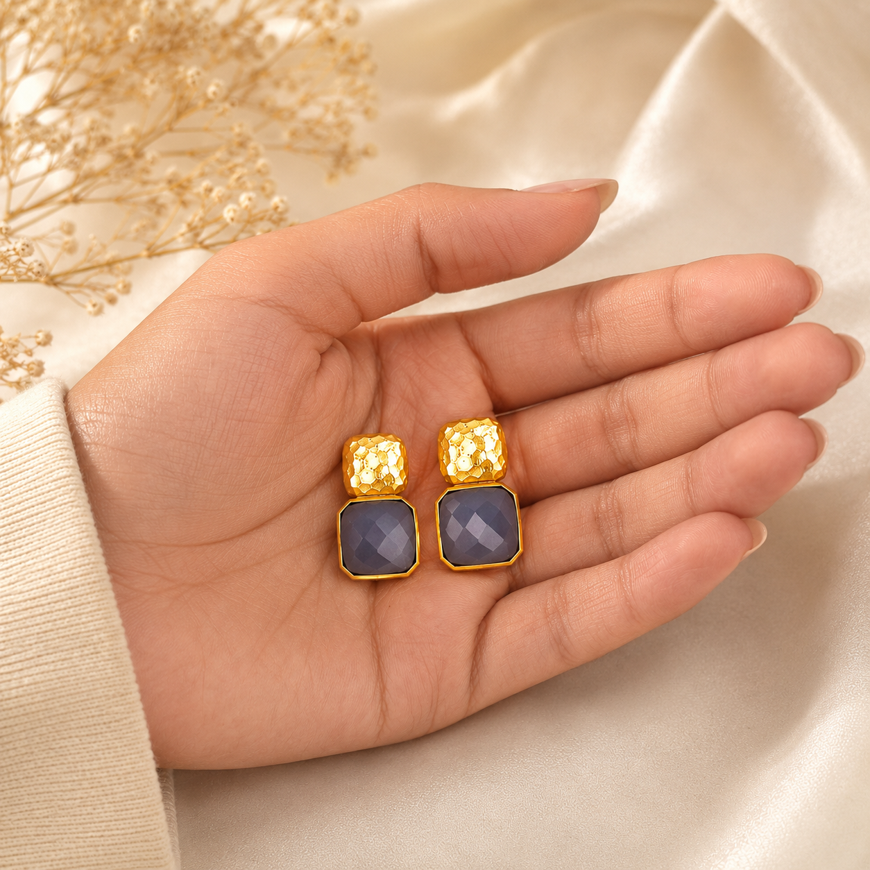 Hammered Mosaic Studs – Textured Gold Brass & Cushion-Cut Gemstone Earrings