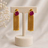 The Ruby Rose Cascade Drops –  Gold Plated Cushion Ruby & Chain Fringe Earrings