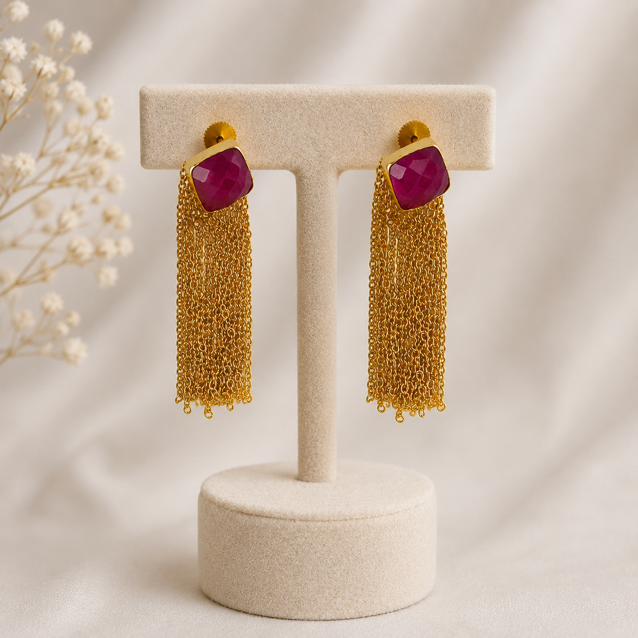 The Ruby Rose Cascade Drops –  Gold Plated Cushion Ruby & Chain Fringe Earrings