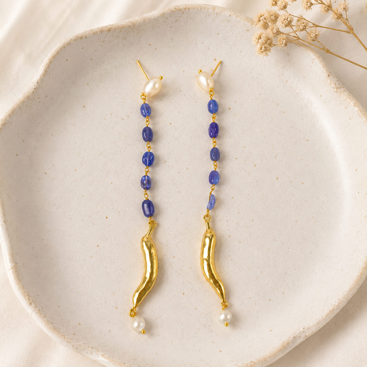 Baroque Pearl & Tanzanite Chili Drops – Gold Plated Linear Statement Earrings