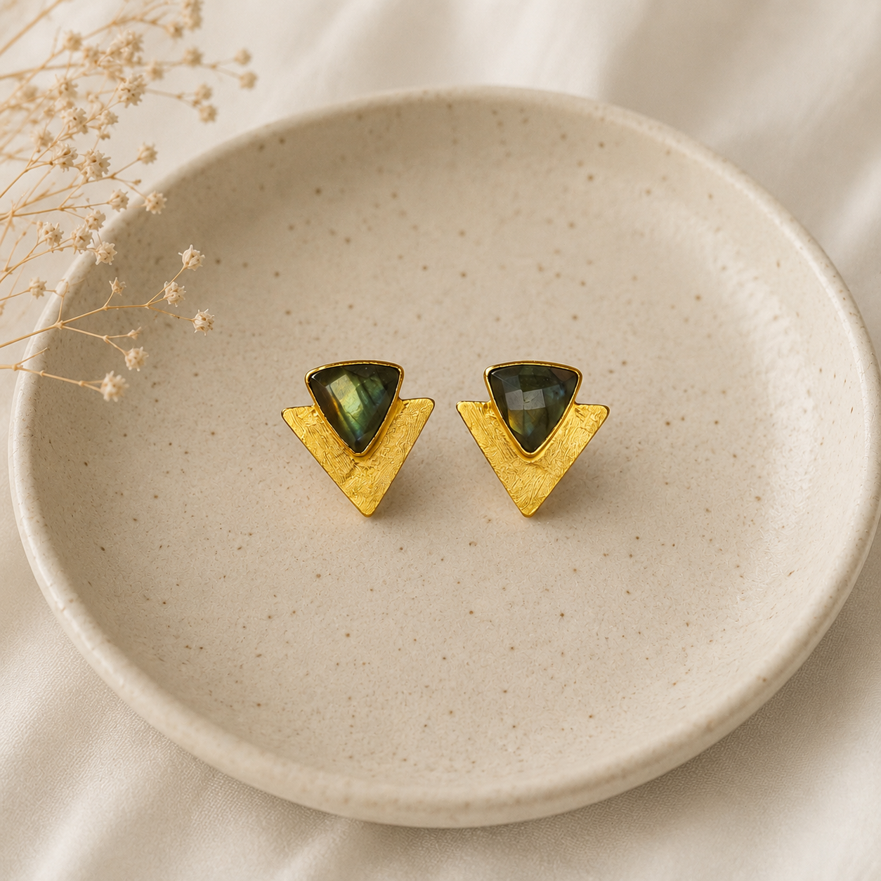 Modern Minimalist Statement Earrings – Textured Gold Plated Labradorite Geometric Studs
