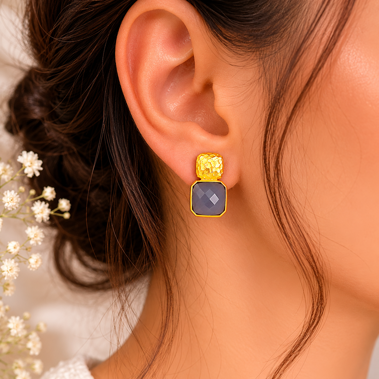 Hammered Mosaic Studs – Textured Gold Brass & Cushion-Cut Gemstone Earrings