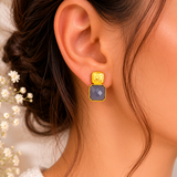 Hammered Mosaic Studs – Textured Gold Brass & Cushion-Cut Gemstone Earrings