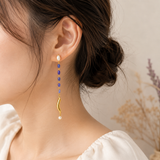Baroque Pearl & Tanzanite Chili Drops – Gold Plated Linear Statement Earrings